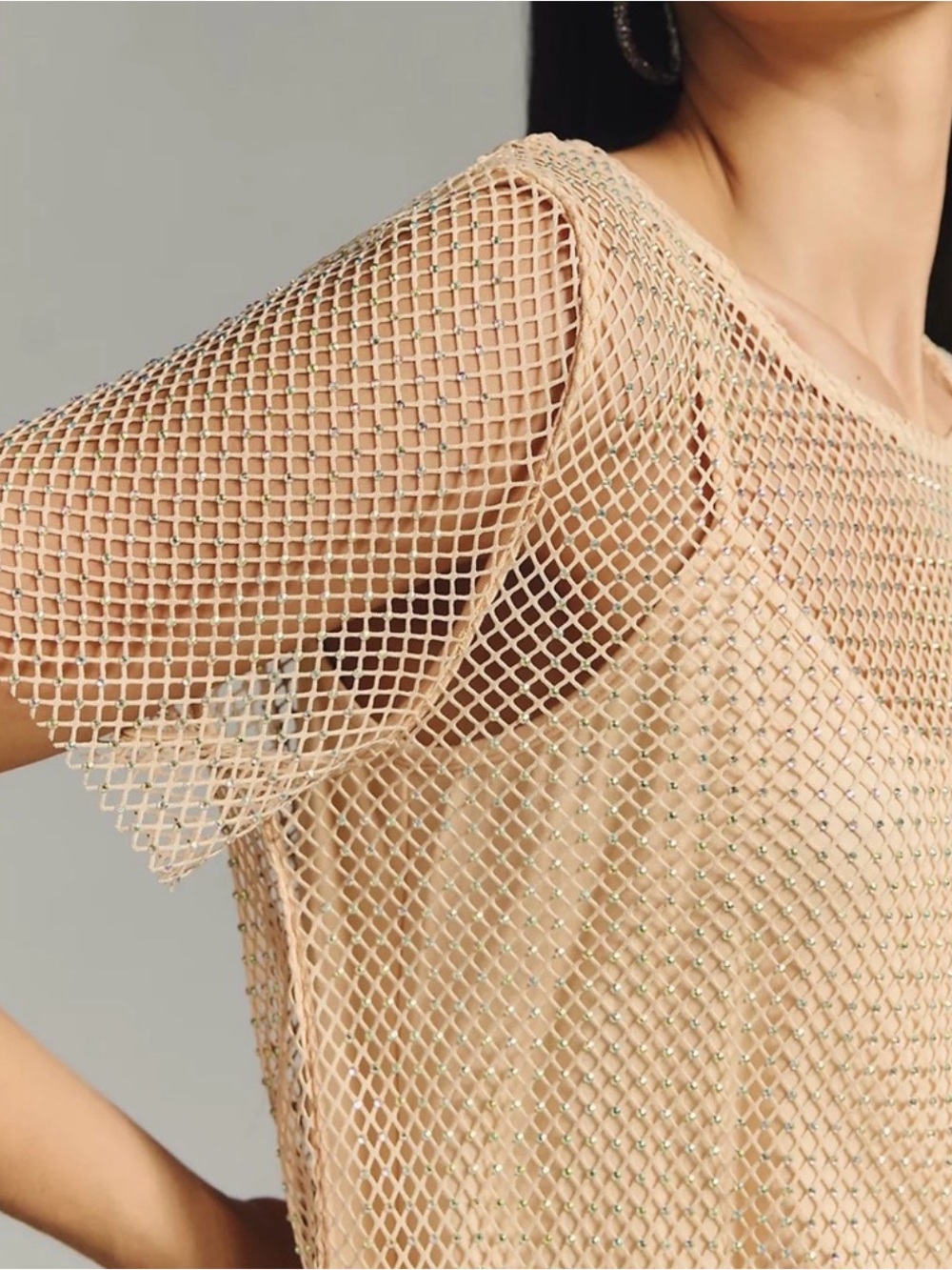 Anthropologie Rhinestone Mesh Sheer Sparkle Party Top Nude S NWT